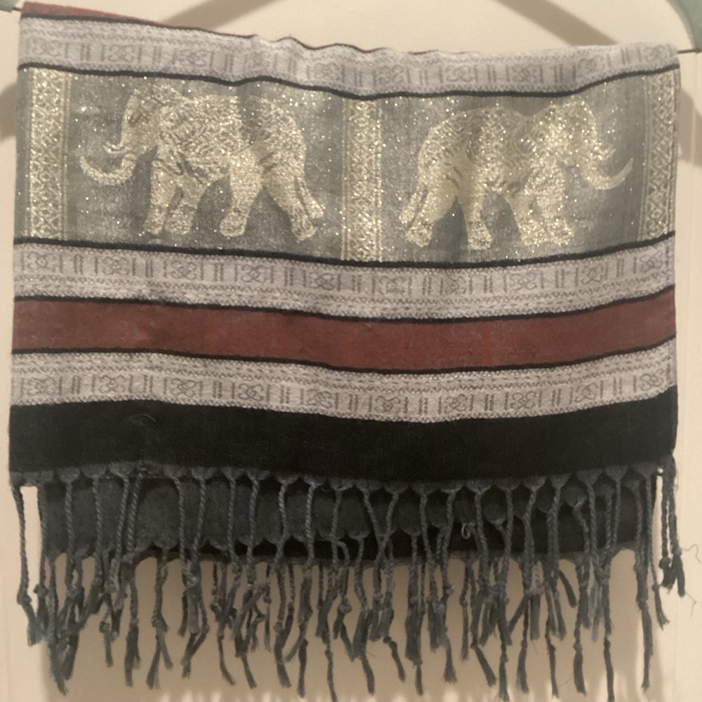 Elegant Moments Metallic Gold Elephant Scarf with Gray, Black and Brown Accents